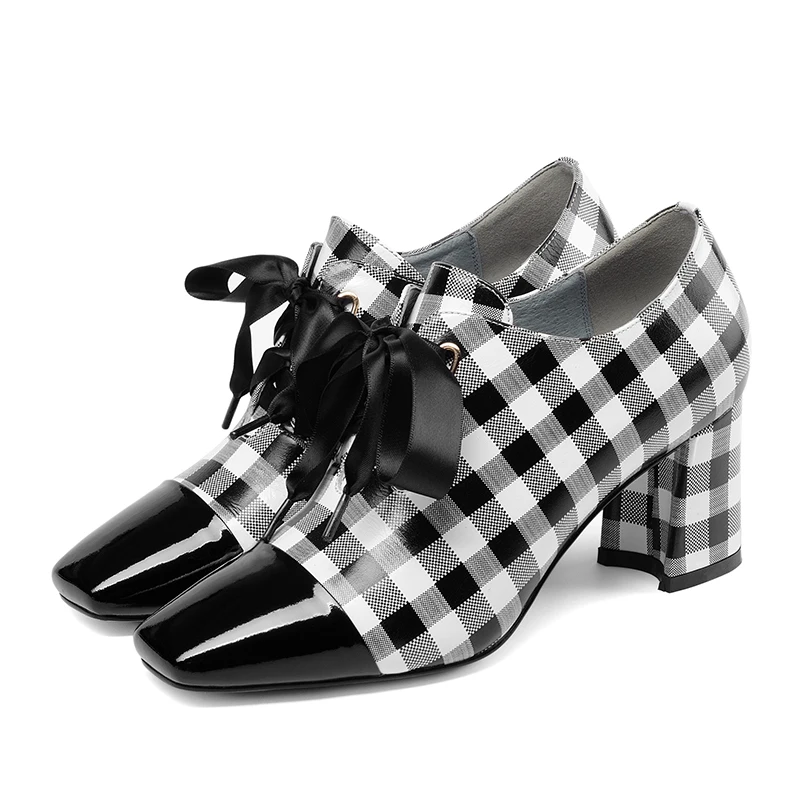 ISNOM/клетчатые женские туфли-лодочки на высоком каблуке; обувь на шнуровке с квадратным носком; женская обувь из коровьей кожи; модная женская обувь в шотландском стиле; сезон весна; коллекция года