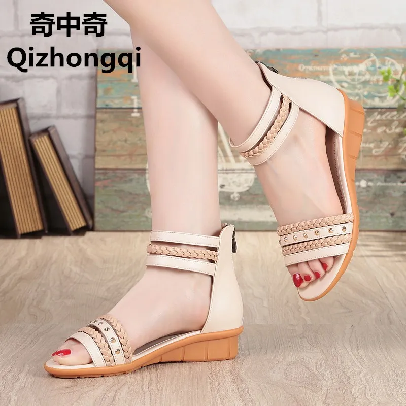 

2017 summer new genuine leather women sandals leisure Bohemian flat with Rome soft bottom puls size 35-43 # shoes women