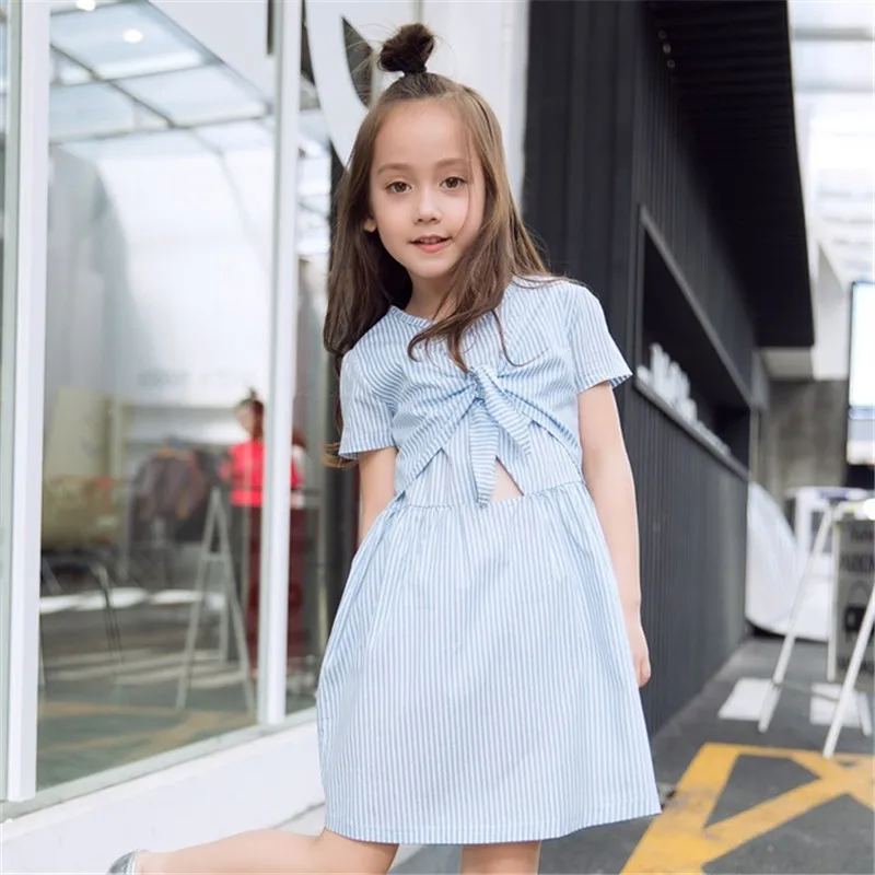

2019 New Design Baby Girls Striped Dress Summer Short Sleeve Fashion Bow Dresses Casual School Dresses For Kids