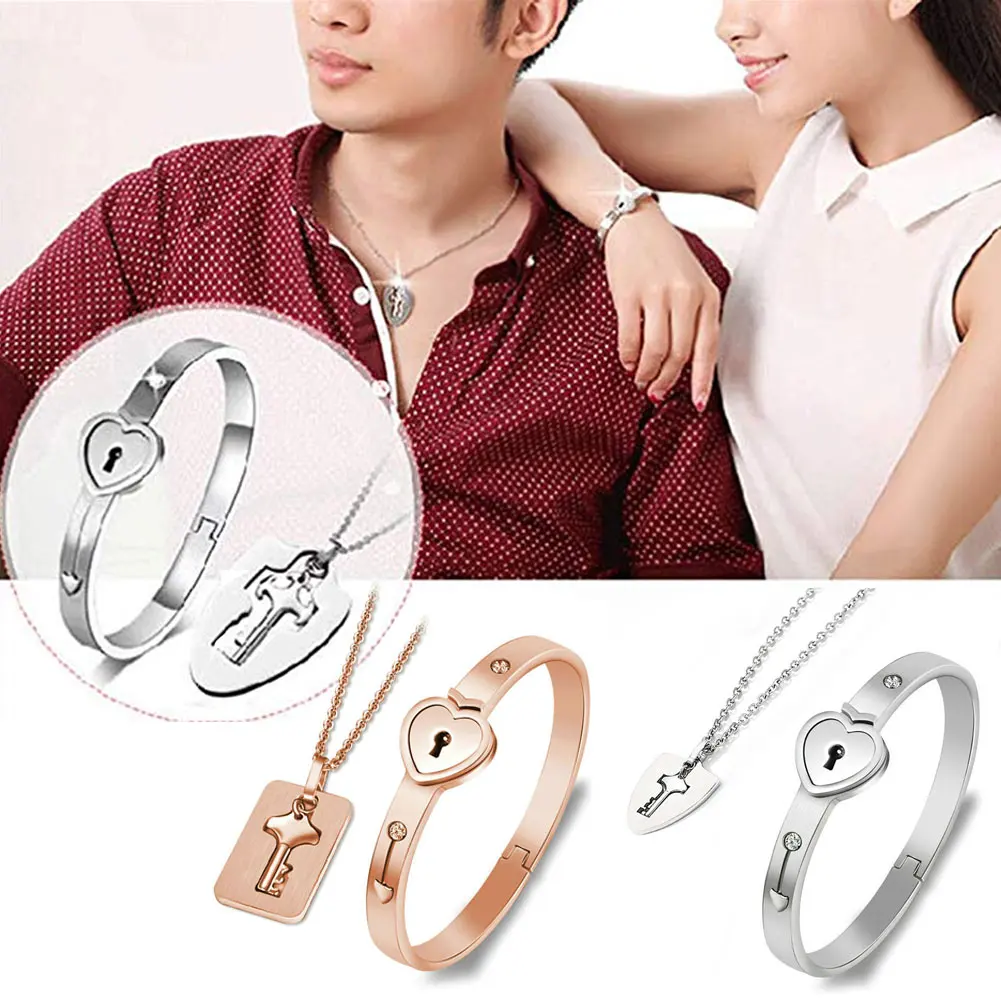 

Couple Bracelet Necklace Set Stainless Steel Love Heart Lock Jewelry Set TT@88