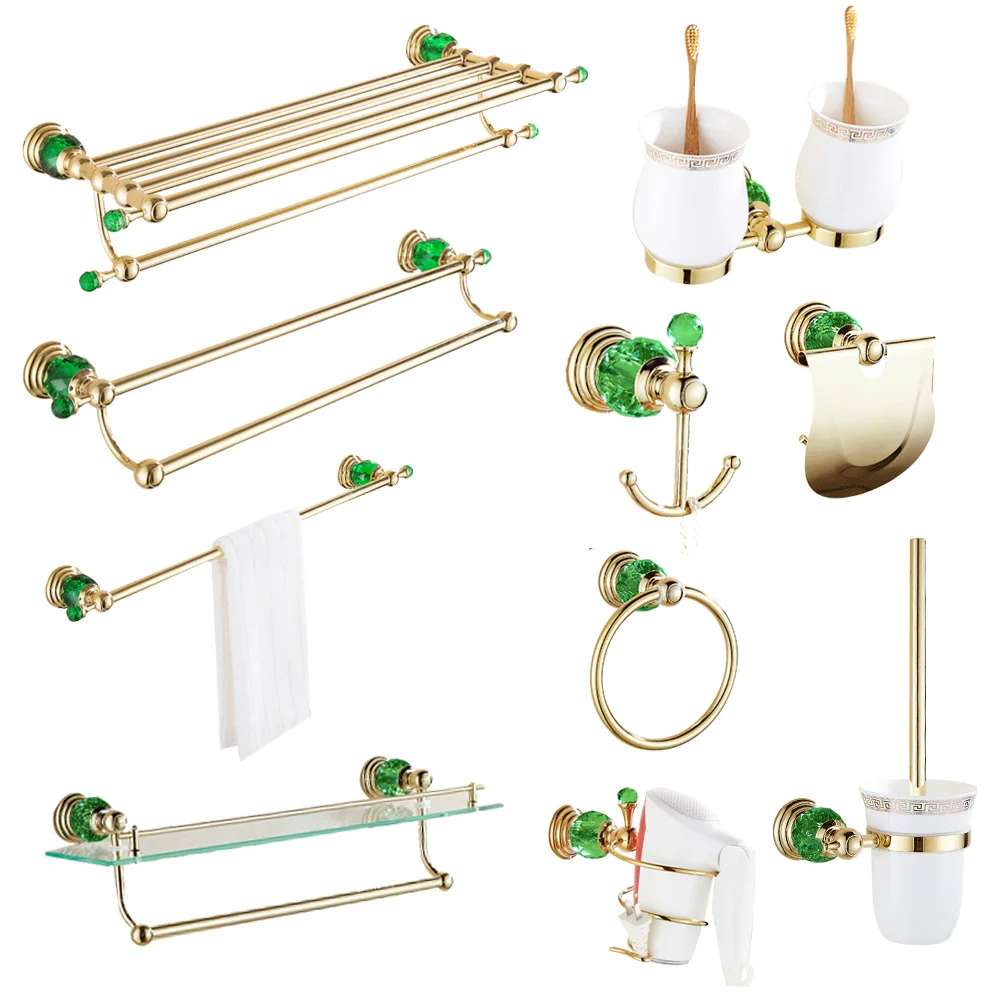 

Creative Gold green crystal hair dryer rack copper set European double cup holder bathroom hardware pendant bathroom robe hook