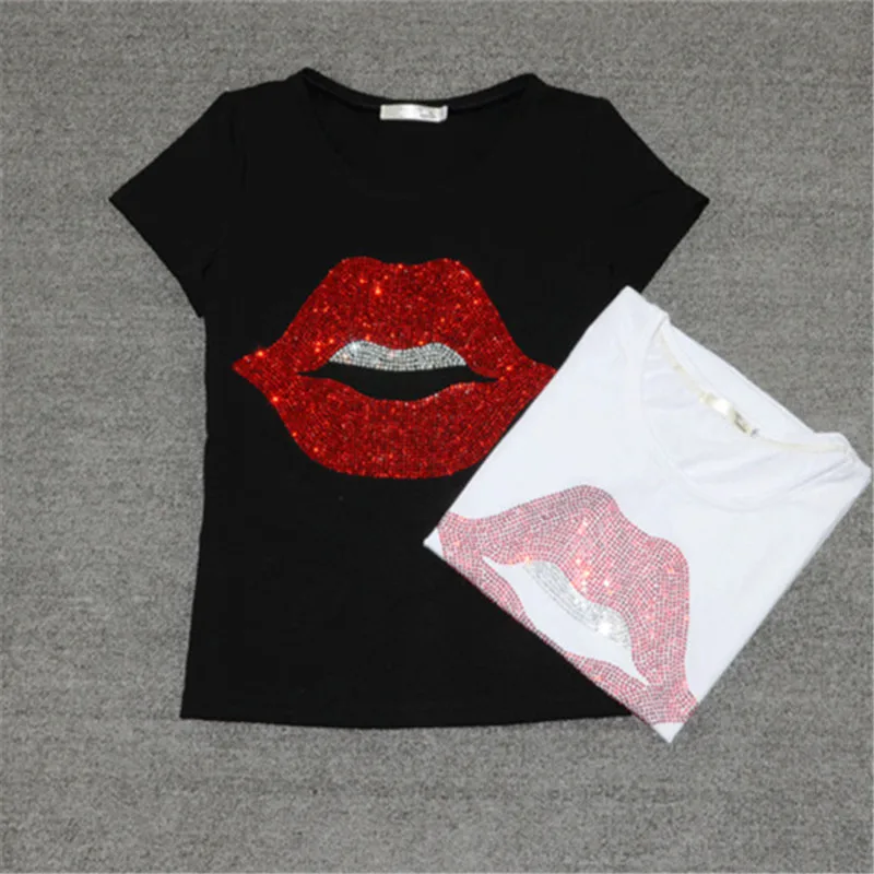 

New Arrivals Women T shirt Summer Plus Size Sexy Lips Diamonds T-shirt Casual Short Sleeve O-neck Rhinestone T-shirts 63560