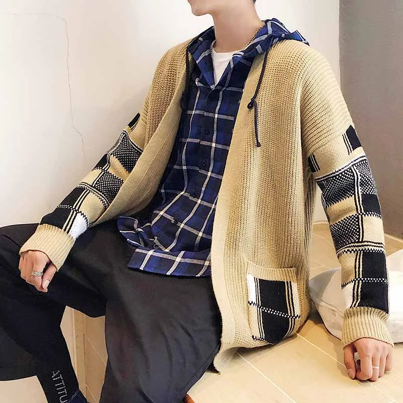 Check Button Cardigan Male Oversize Loose Streetwear Sweater Men Harajuku Cashmere Coat Modis High Street v Neck Pull Homme - Цвет: Khaki