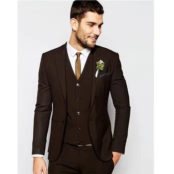 

Fashion classic men's suit dark brown lapel single-breasted men's prom dress and groomsmen dress (coat + pants + vest + tie)