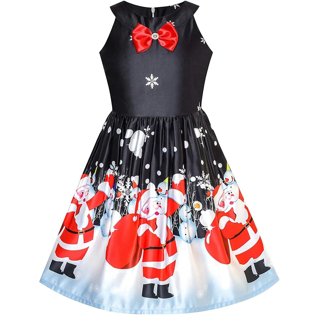 Платье для девочек; рождественское детское платье принцессы без рукавов с бантом и рисунком Санта-Клауса, оленя, лося; детская одежда для девочек; платье для девочек - Цвет: BK