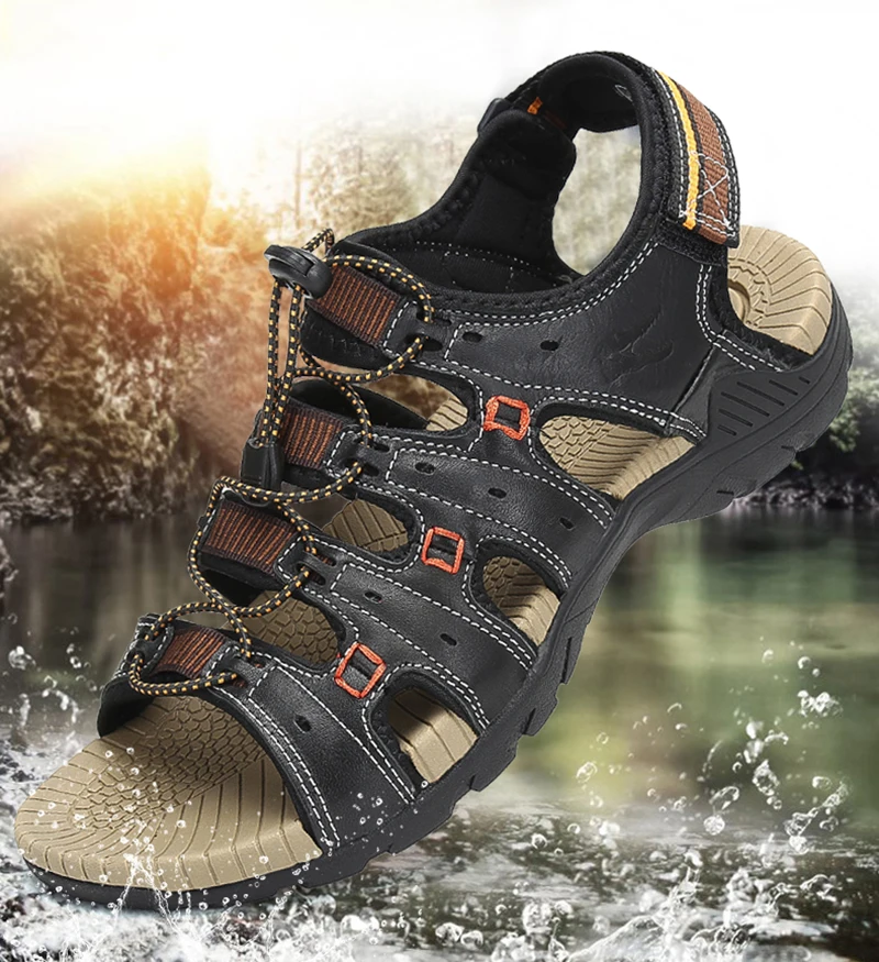 Летняя обувь мужские пляжные сандалии дышащие кожаные тапочки противоскользящая река море сандалии мужские кроссовки на плоской подошве Tenis Masculino
