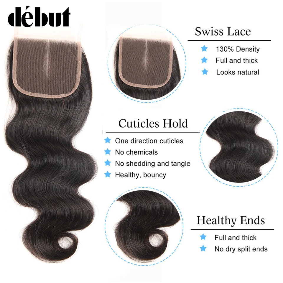 Debut Body Wave Human Hair Bundles With Closure Brazilian Hair Weave 3 Bundles With Lace Closure Non Remy Hair Extension