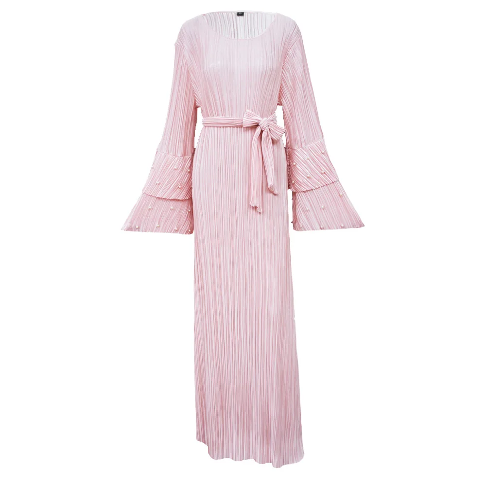 Модное Длинное Плиссированное розовое платье для женщин с длинным рукавом