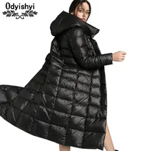 Утолщенный длинный женский пуховик зима плюс размер простой тонкий жакет модный блестящий черный пуховик с капюшоном женские парки HS622