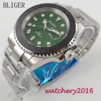 

40mm Bliger Green Dial black ceramic bezel Analog Sapphire Glass GMT Automaic Movement Men's Mechanical Wristwatches