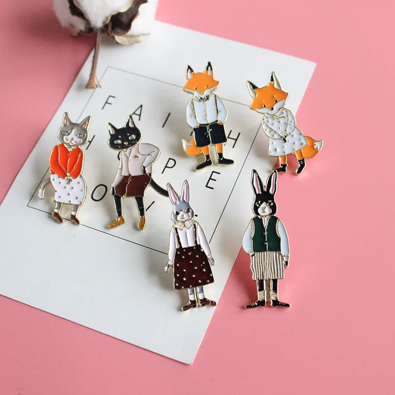 

New Version Cartoon Cute Cats Rabbits Foxes Metal Brooch Pins Fashion Jewelry Wholesale Cute Original Brooch