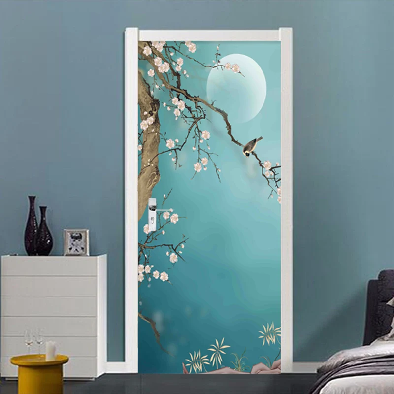 

New Classical Hand-painted Plum Blossom Bird Door Sticker Living Room Study Room Wallpaper PVC Self-Adhesive Door Decals Murals