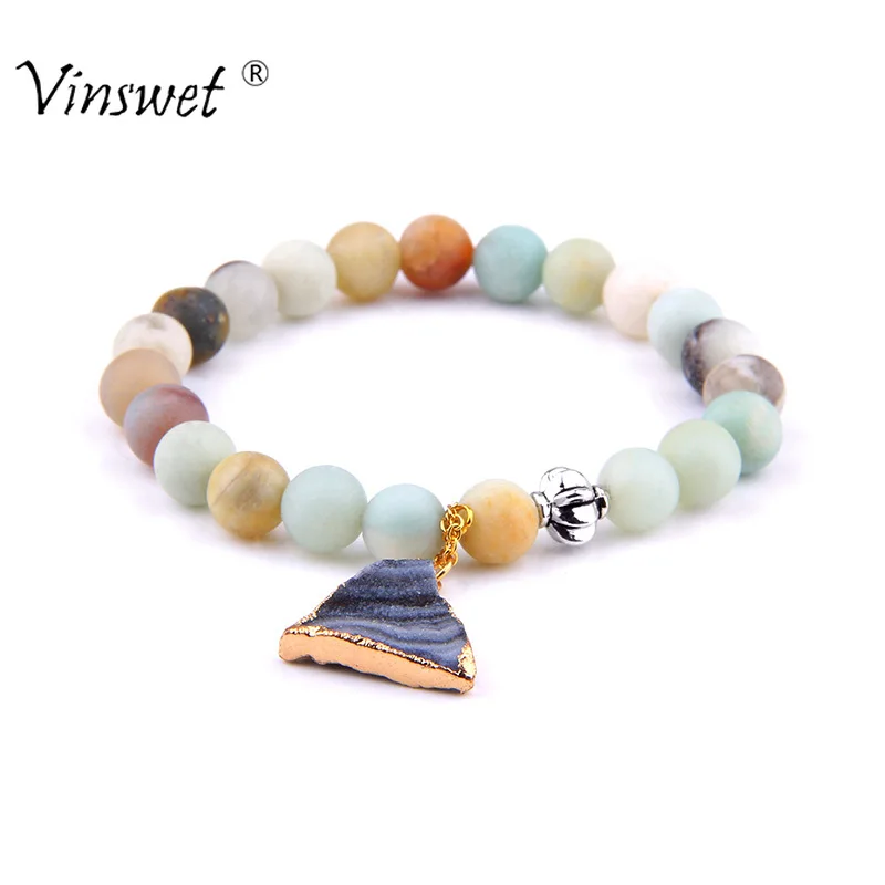 

Charm Bracelets Natural Stone Amazonite Round Bead Bracelet Solid Crystal Druzy Charm Bracelet Bracelets for Women Men Fashion Jewelry