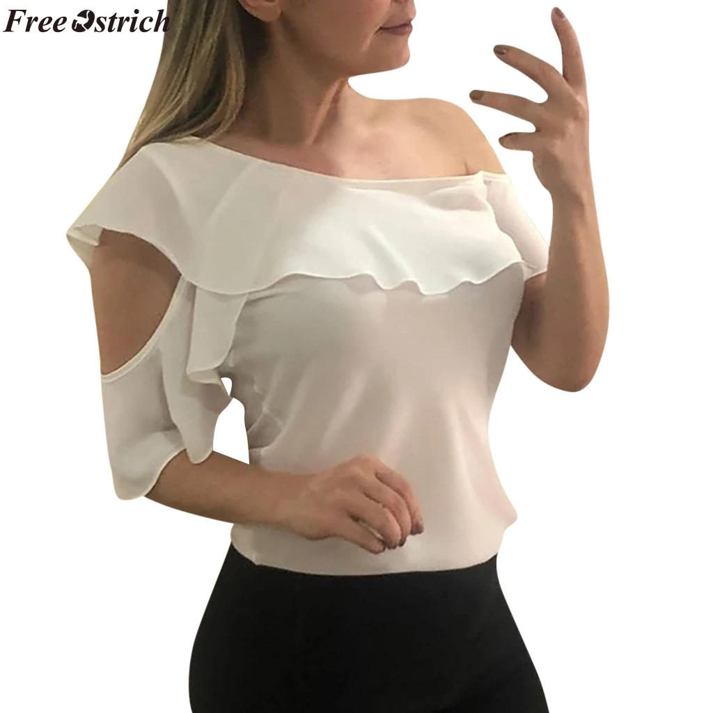 

FREE OSTRICH Women's Fashion One Shoulder Button Tops Casual Short Sleeve Ruffle Frilled Casual Lady Summer Stripe Shirts
