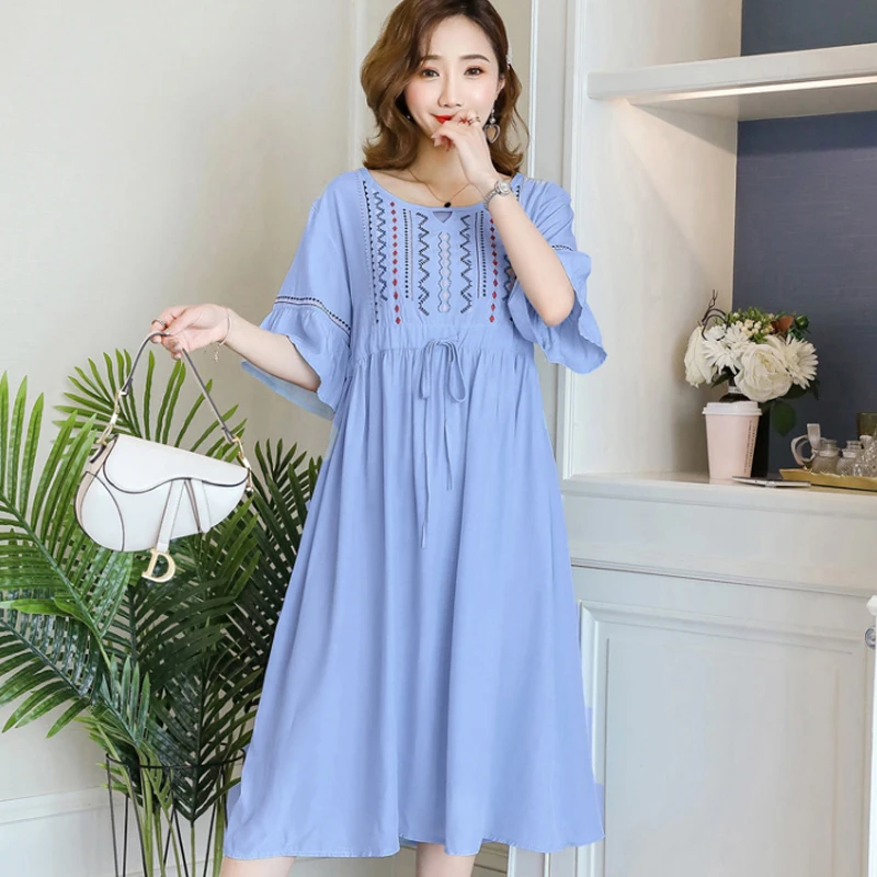 

Summer Long Maternity Dresses Clothes Korean Causal Loose Embroidery Dress For Pregnant Pregnancy Wear Blue Vestido Clothing2019