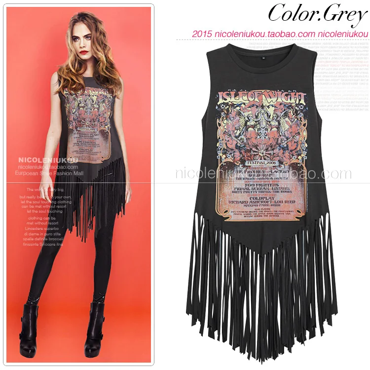 

2018 New Summer Fashion Women's Vests Loose Letter Printing O Neck Sleeveless Tops Medium-long Tassel T-shirt Female Tees