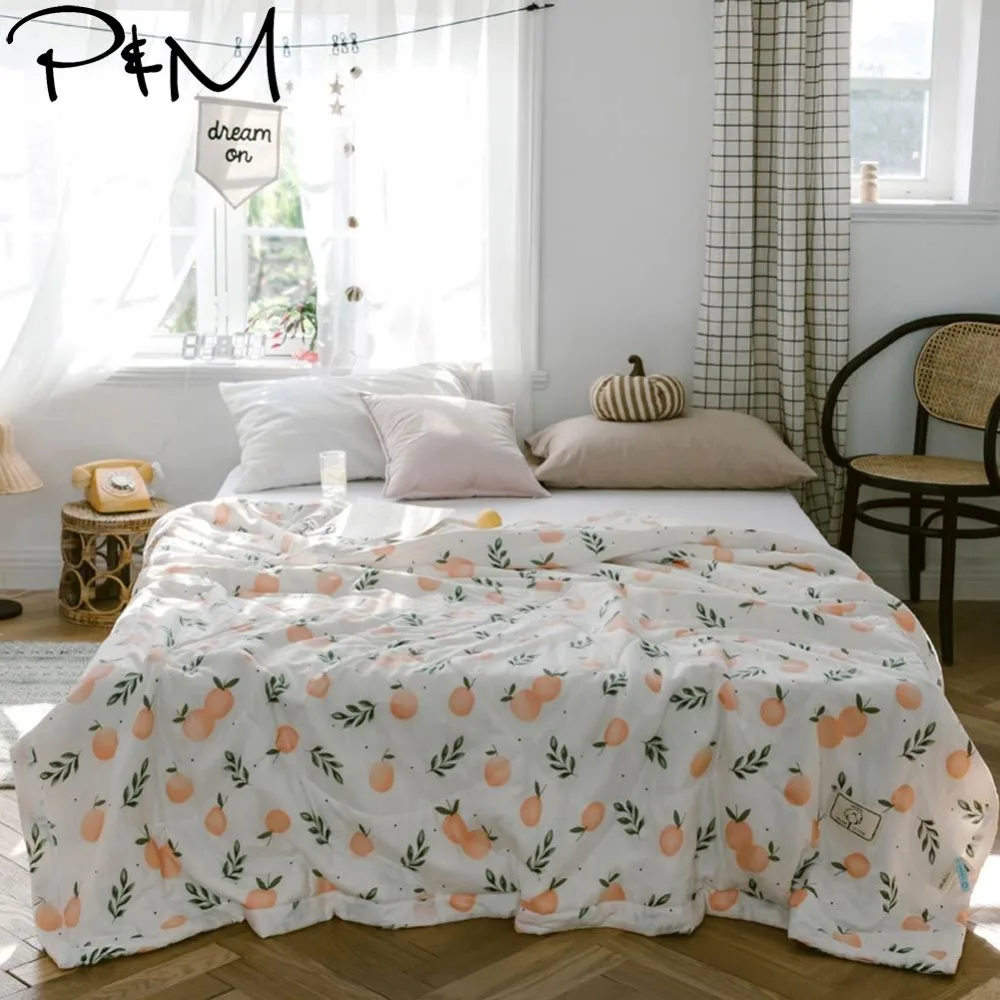 

2019 Fresh Orange Fruit Leaves INS Towel Gauze Quilting Blanket Summer Thin Quilt Pure Cotton Twin Queen Size Bedspread