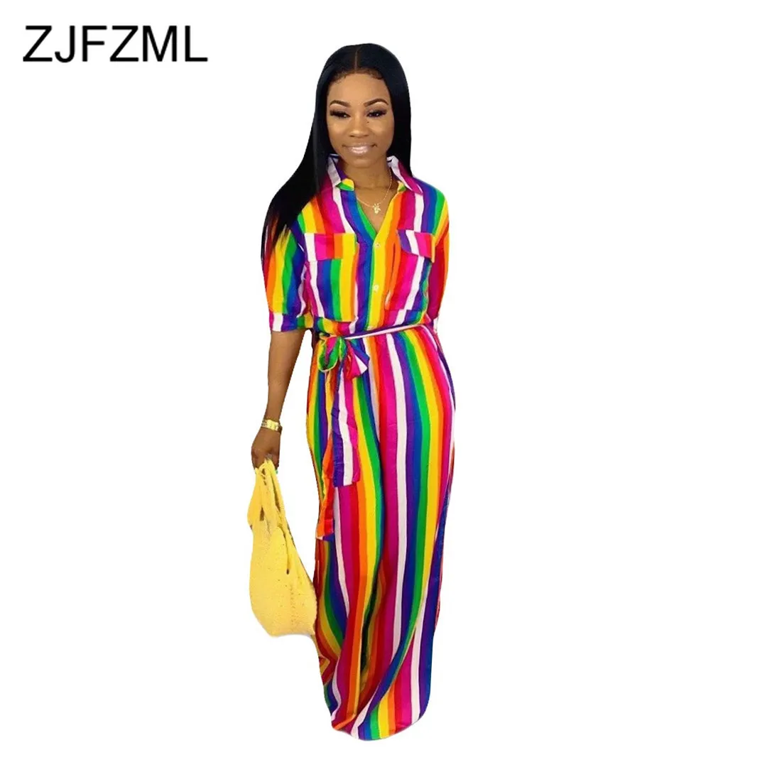 

Rainbow Striped Sexy One Piece Overall Women Turn Down Collar Short Sleeve Wide Leg Jumpsuit Casual Buttons Up Sash Beach Romper