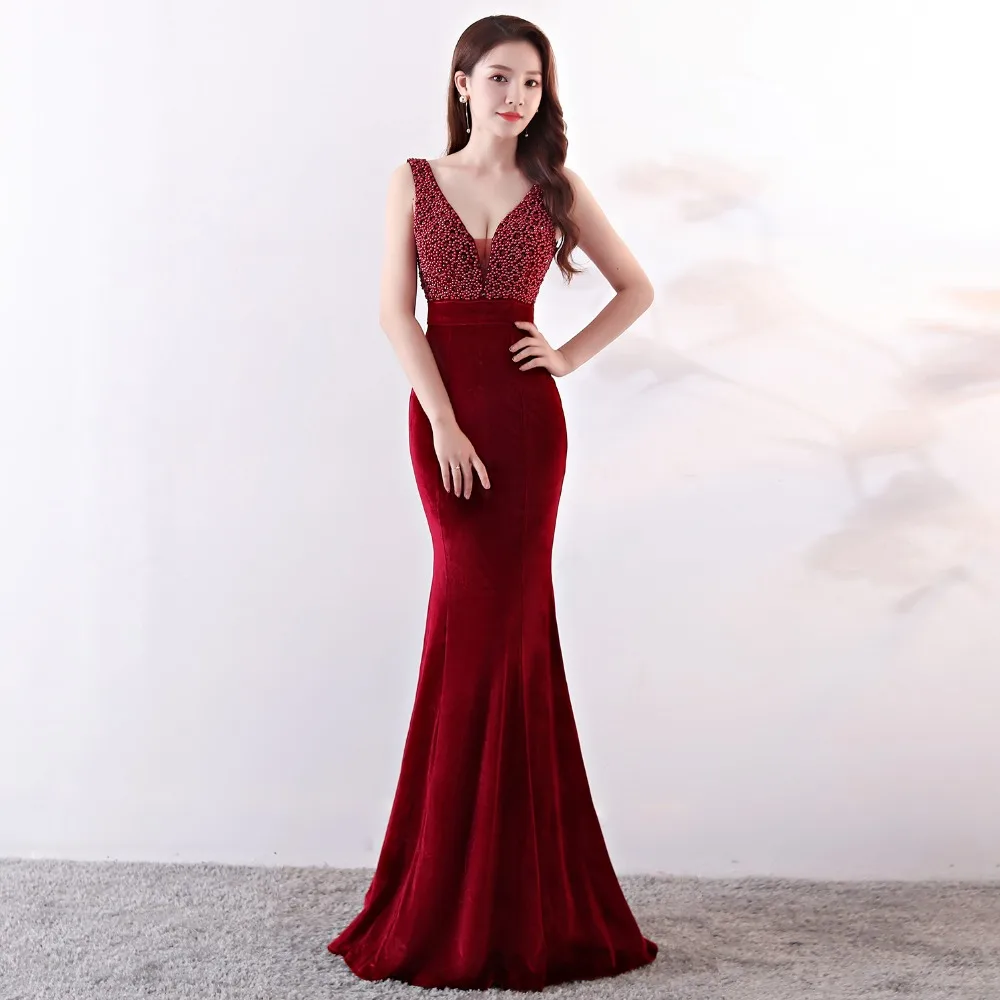 

Sladuo Sexy Deep V Beading Wine Red Sleevless Long Mermaid Women Elegant Nightclub Dress Celebrity Evening Party Dress