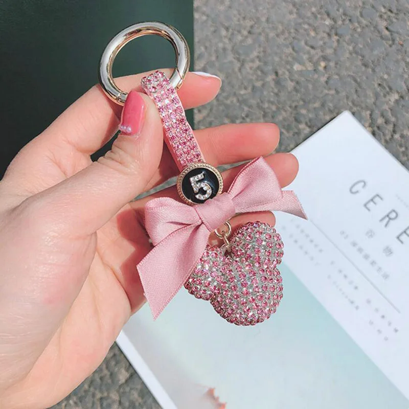Mickey-pink Алмазное сверление вафельный шар автомобильный брелок Дамский подарок Микки лук сумка со стразами Подвеска автомобиль брелок интерьерные аксессуары - Название цвета: Mickey-pink