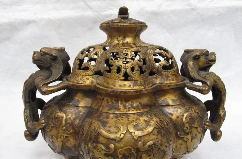 

Tibet Folk Buddhism Classic Copper Dragon beast veins Ears incense burner Censer