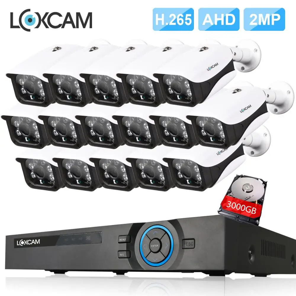 

LOXCAM h.265 16Ch HDMI 1080P DVR System 16pcs 2MP AHD CVI IP66 outdoor Waterproof CCTV Camera System P2P Video Surveillance set