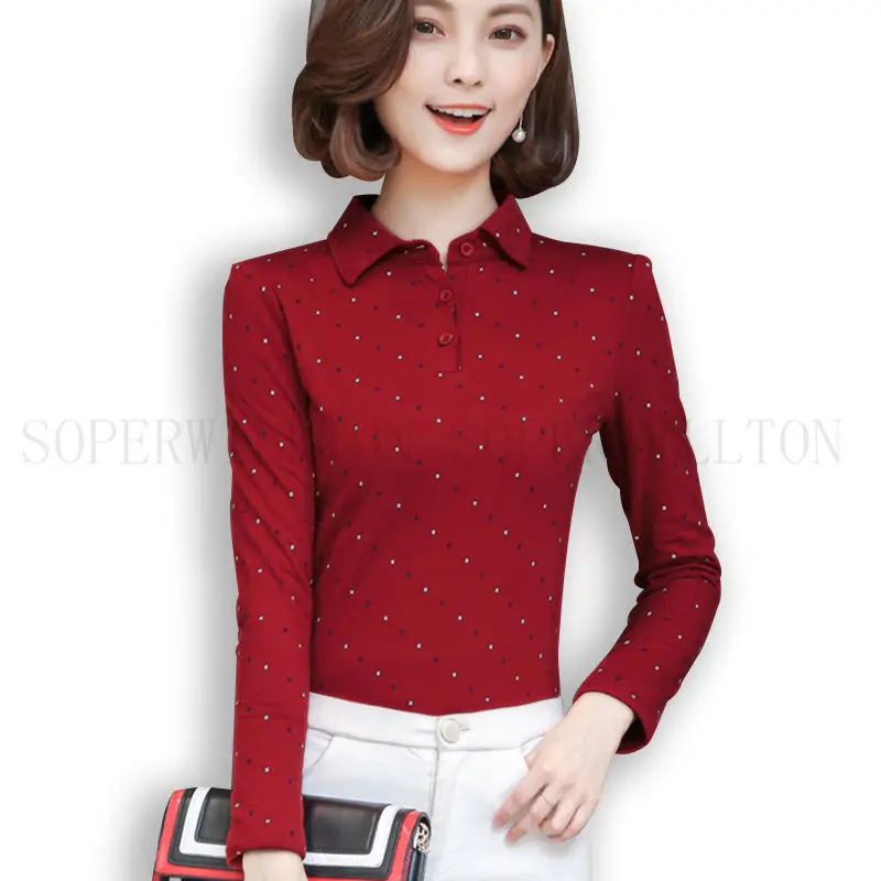 Plus Size S-3XL Cotton Polka Dot Polo Shirt Women Femininas Shirt Spring Autumn Long Sleeve Femme Women's Polos Top - Цвет: Wine red