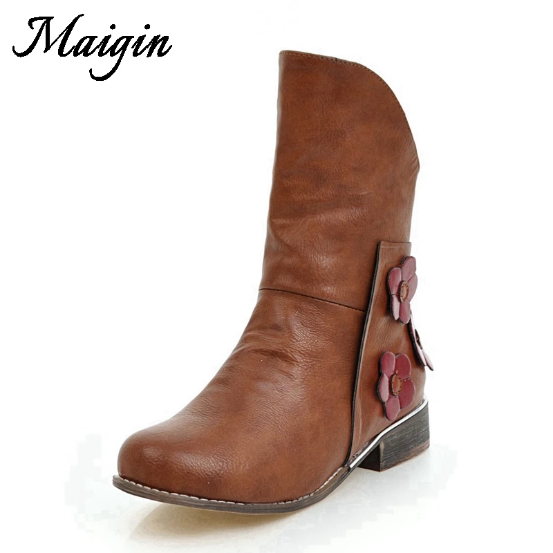 Maigin Low Heels Ankle Boots Women Round Toe Thick Heels Footwear 2018 Autumn Appliques Booties Big Size 34-43 Female Shoes