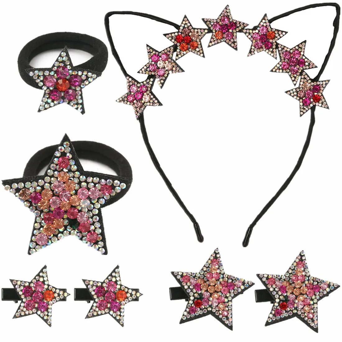 XIMA 7pcs/set Cute Girls Princess Shiny Star Hair Clip Crystal Diamond Elastic Hairband Ties for Gilrs Accessories |