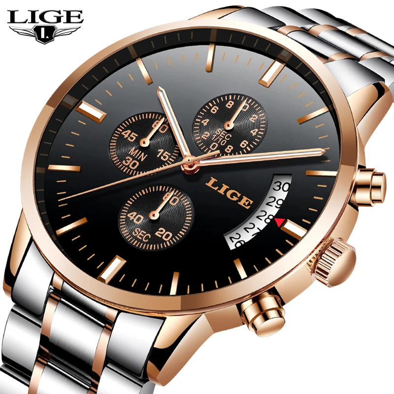 

LIGE Mens Watches Top Brand Luxury Man Stopwatch Waterproof Sport Quartz Watch Men Full Steel Business Clock relogio masculino