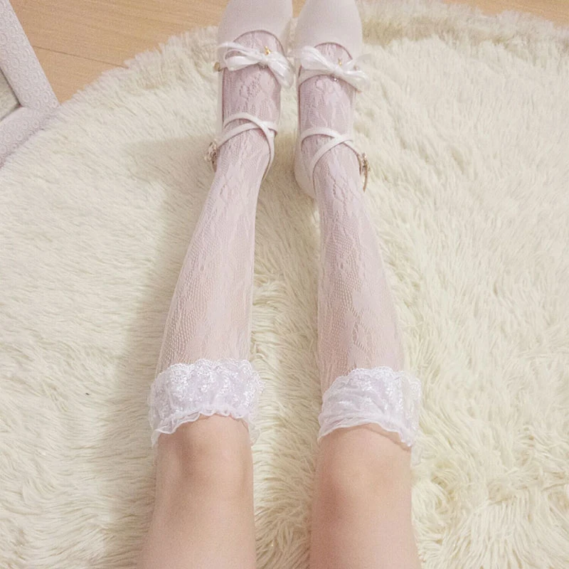

Japanese Lolita Lace Embroidery Stockings Princess Sweet JK Bowknot Over The Knee Crew Stocking For Maid Dress Cosplay Costumes
