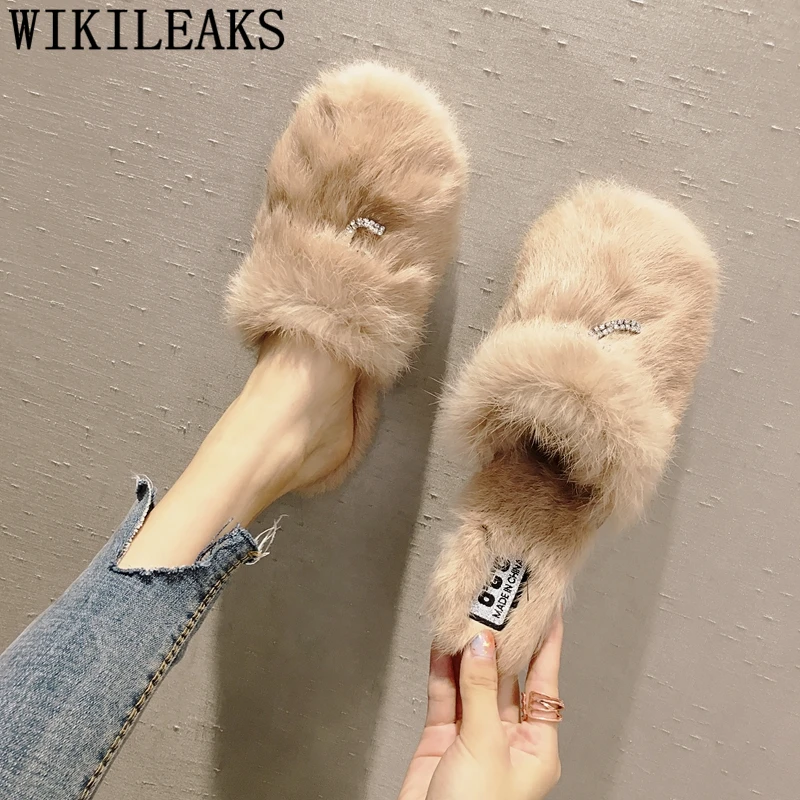 fashion ladies fur mules shoes woman zapatos mujer sapato feminino slip