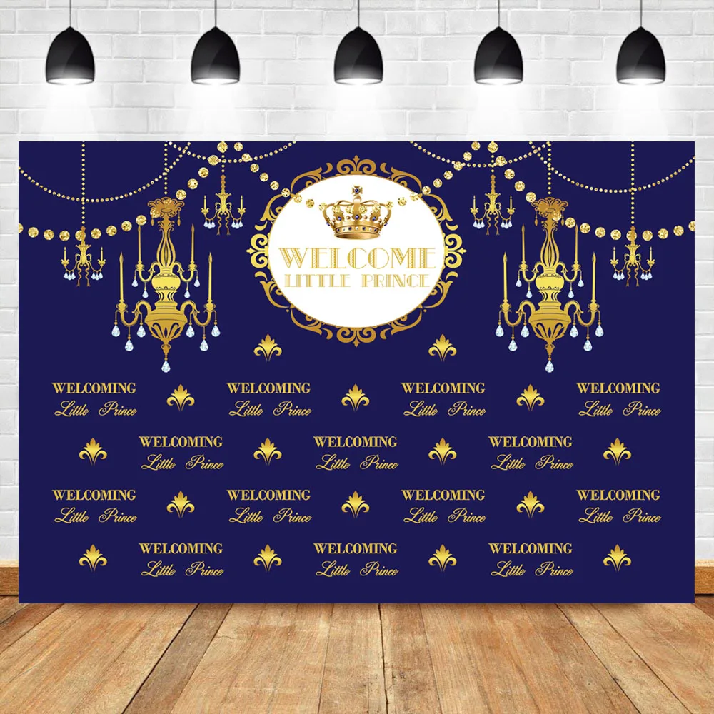 

NeoBack Royal Boy Baby Shower Photography Backdrops Prince Crown Chandelier Sapphire Blue Background Photography