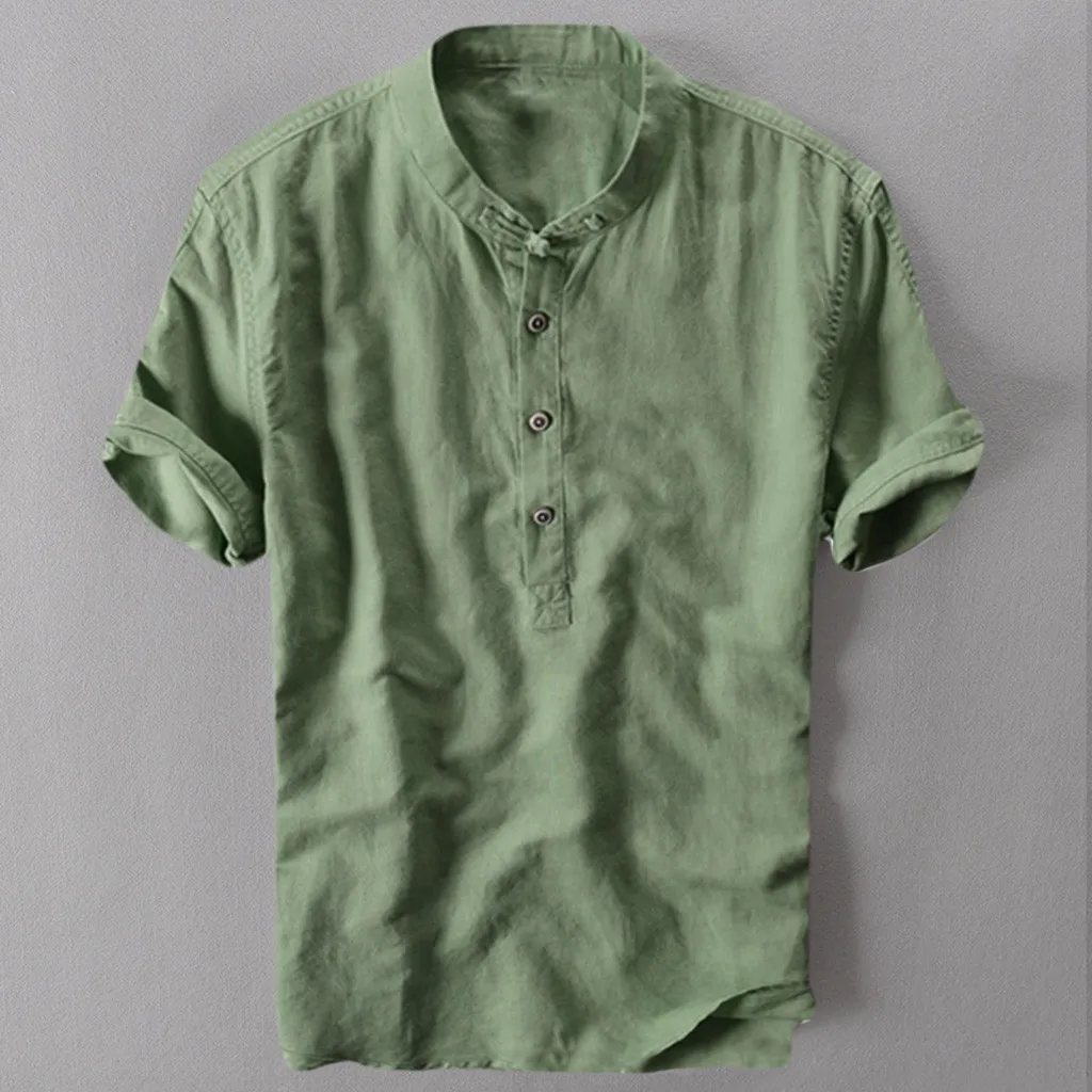 Army Green Мужская Повседневная рубашка с коротким рукавом хлопковые мужские льняные рубашки свободный воротник висячая окрашенная футболка с переходом цвета Chemise Homme Прямая c - Цвет: Army Green