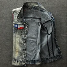 Moda novedosa Chaleco de tela vaquera para hombre de talla grande S-4XL Bandera de EE. UU. Con estilo Vintage Patchwork hombre personalidad delgada azul Punk chaqueta de cowboy abrigo