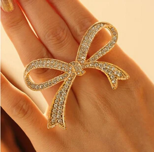 

Luxurious Personality Full Rhinestone Exaggerated Gold Color And Silver Color Large Bow Open Ring For Women Girl Gift 2016