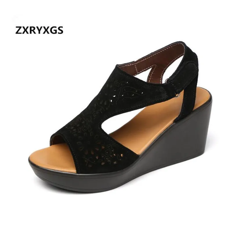 

2019 New Summer Matte Cowhide Leather Sandals Women Shoes High Heeled Sandals Thick-soled Roman Fish Mouth Fashion Sandals