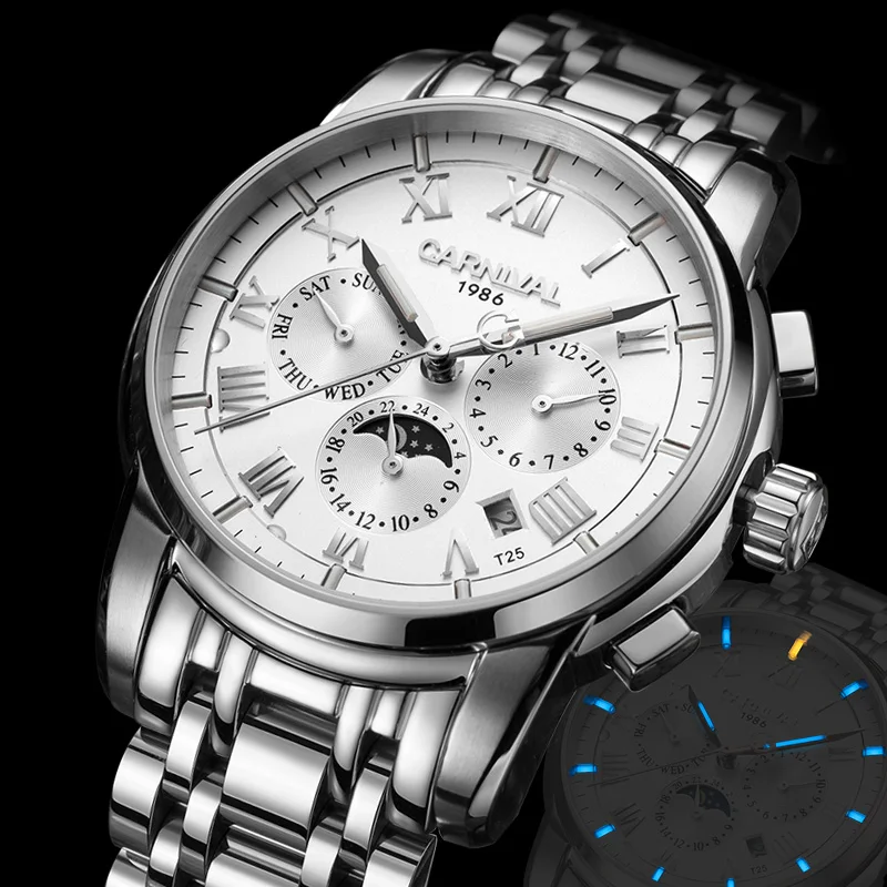

Luxury Carnival Brand Tritium Luminous Military Watch Men Moon Phase Auto Mechanical Watches Full Steel Waterproof Clock