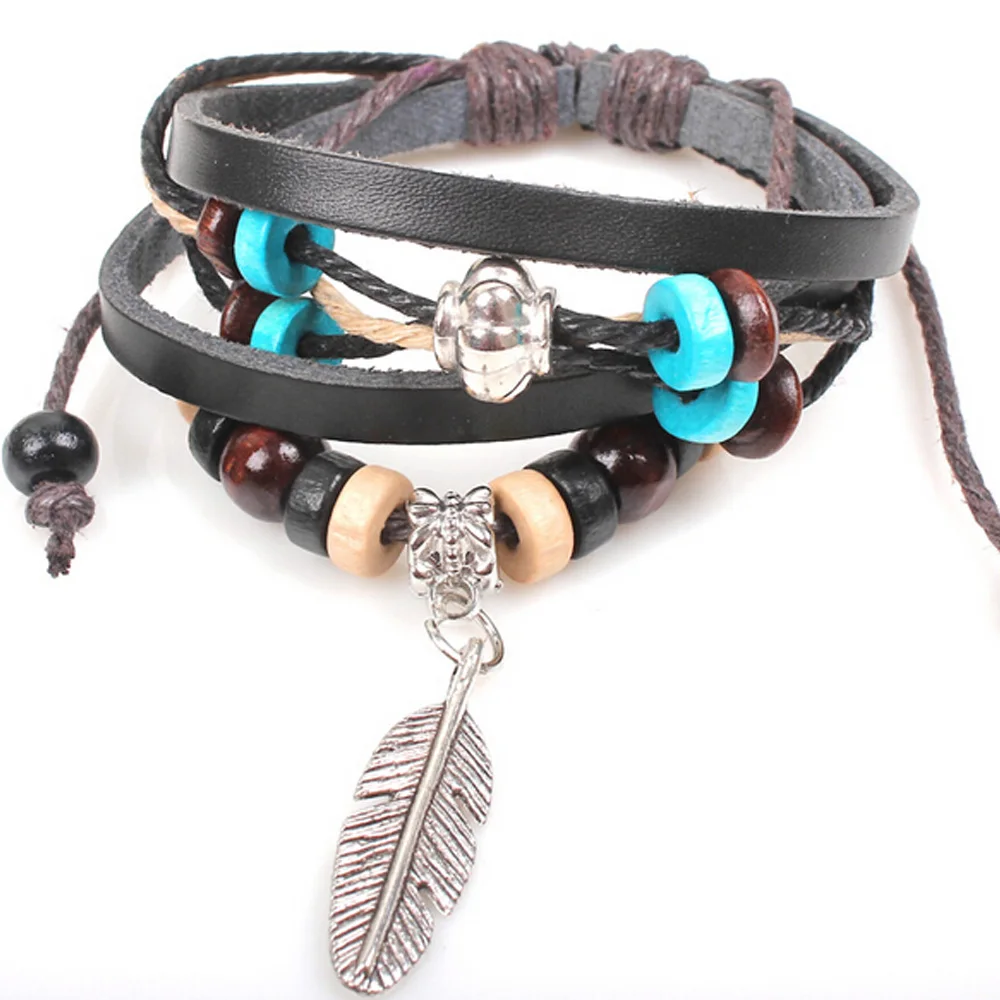 CC142 Trendy Feather wooden Bead Bracelet, Multi Layer Leather Bracelet