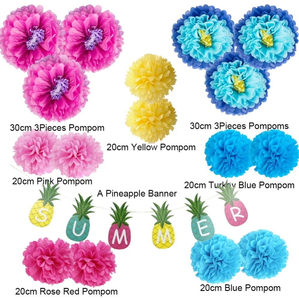 

13pcs Tropical Party Decoration Set Multi-Color DIY Pom Pom with Flower Buds Pineapple Summer Banner Wedding Birthday Beach
