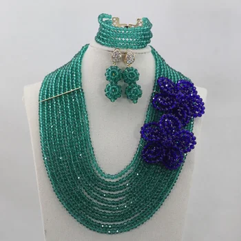 

Teal Green Nigerian Wedding African Bead Jewelry Set Royal Blue Crystal Bridesmaid Jewelry Set Flower Broach Free Shipping QW100