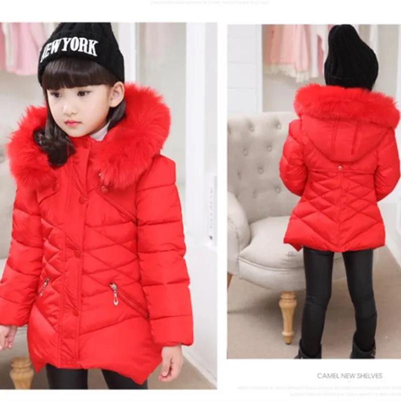 Зимнее пальто для девочек с меховым капюшоном длинная подростковая зимняя куртка для девочек пуховик парка теплая толстая одежда для детей JW0604