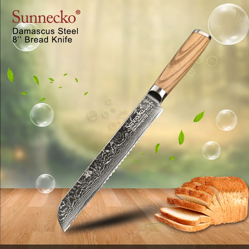 

SUNNECKO Premium 8 inch Bread Knife 73 Layers Damascus Steel Razor Sharp Blade Bread Slicer Kitchen Knives Original Wood Handle