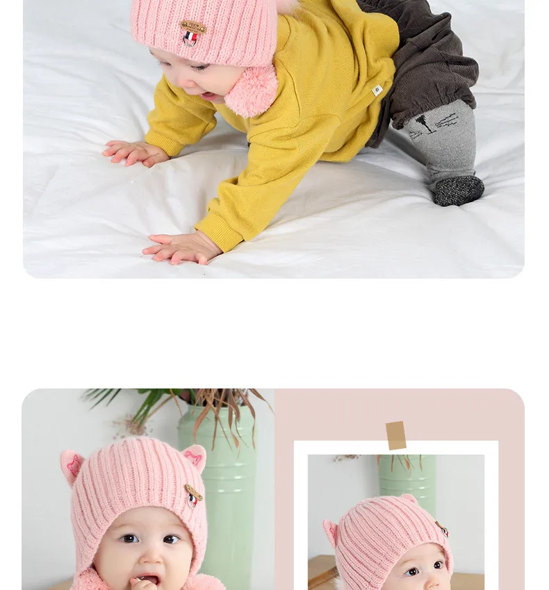 New Baby Knit Hat Autumn And Winter Thickening Female Baby Winter Hat  With Hair Ball Newborn Wool Hat Out Of The Ear Cap GCG42 (4)