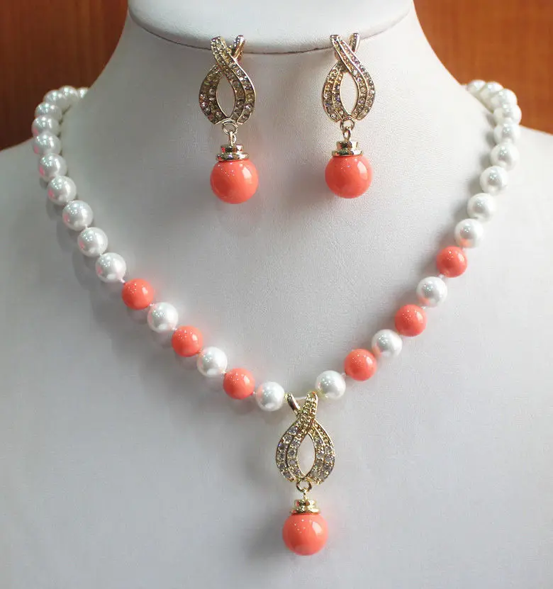 

Women's Wedding 8mm Mixed Color Pearl Necklace+14mm Earring Pendant Jewelry Set real silver-jewelry