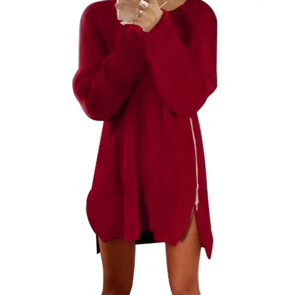 

Chic Autumn Warm Women Solid Color Long Sleeve Zipper Slit Side Loose Sweater Dress
