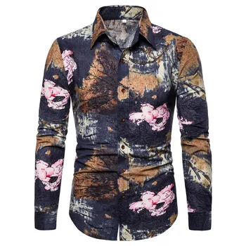 

New men's long-sleeved shirt four seasons fashion casual slim flower long-sleeved shirt men's personality long-sleeved shirt
