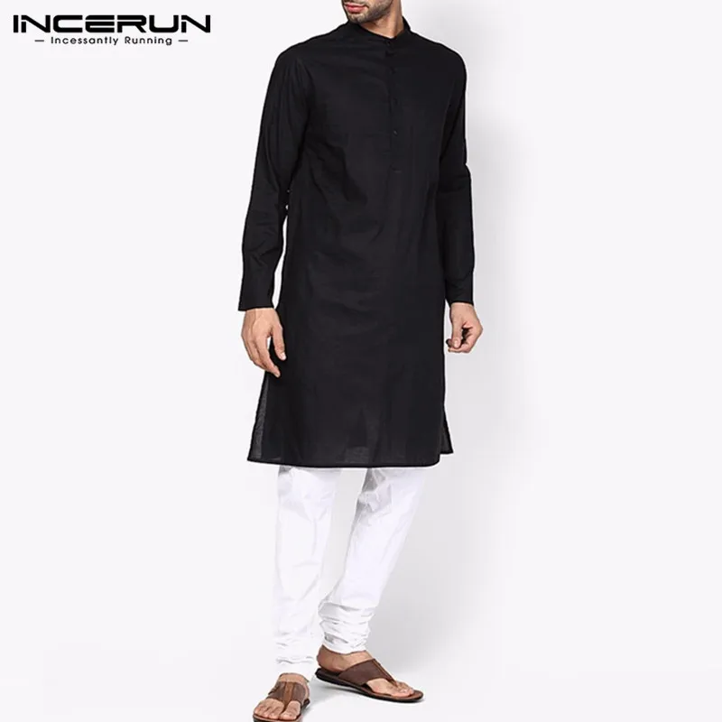 INCERUN, осень, мужские рубашки с длинным рукавом, вырез лодочкой, на пуговицах, Повседневная рубашка, модный мужской халат, сорочка, S-2XL, индийский костюм