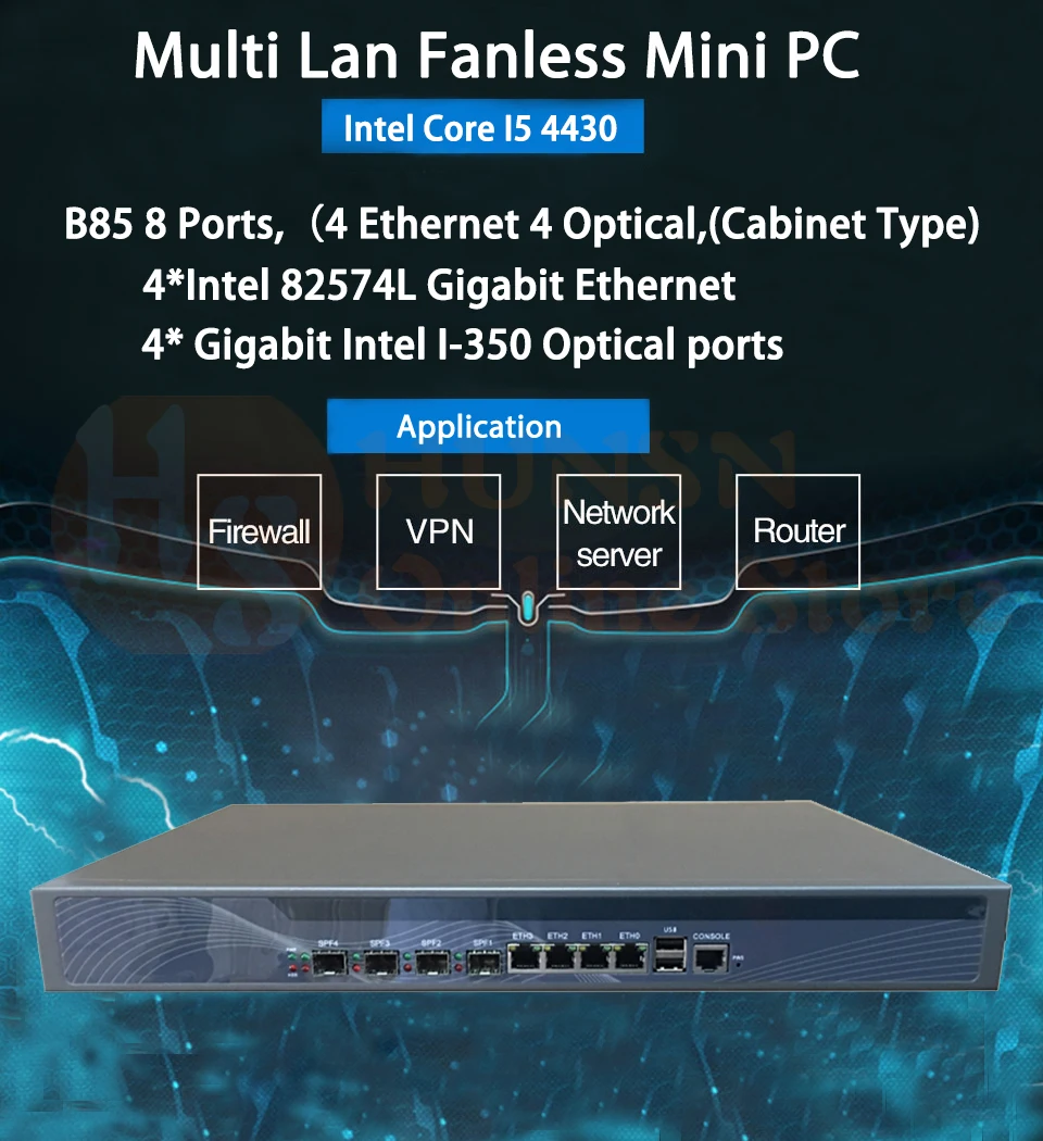 Брандмауэр Mikrotik Pfsense сети VPN Security Appliance маршрутизатор ПК Intel Core I5 4430, [HUNSN RS20], (4LAN/2USB/1COM/1VGA)