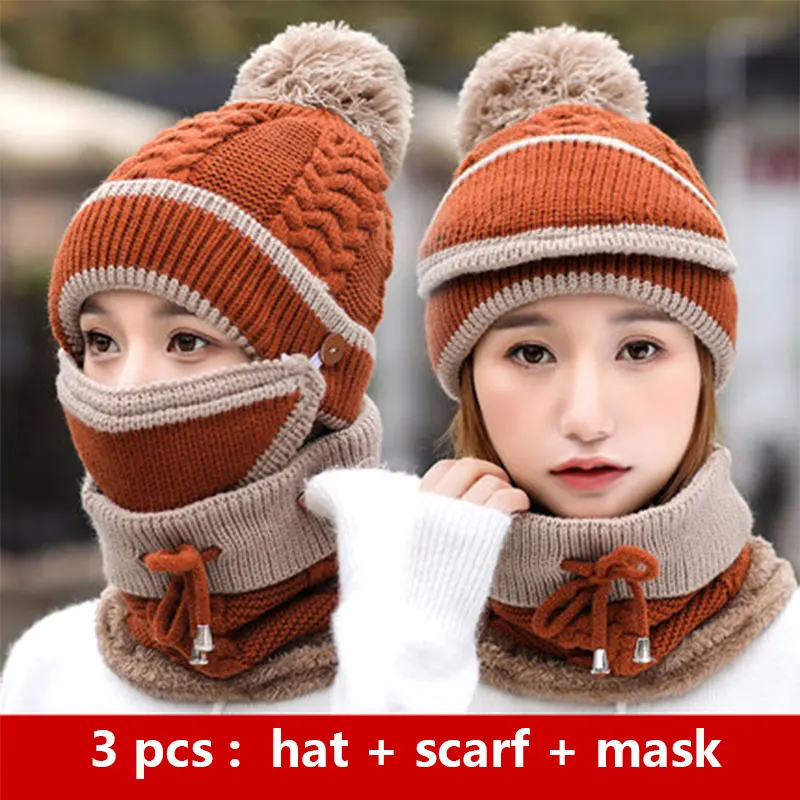                         beanie women winter hats for women skullies beanies for ladies winter beanie hat solid pink black hat scarf set hat neck warmer mask (4)